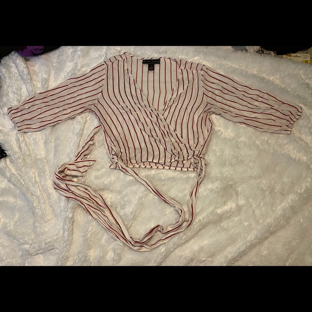 POLLY & ESTHER Striped Tie Waist Crop Top